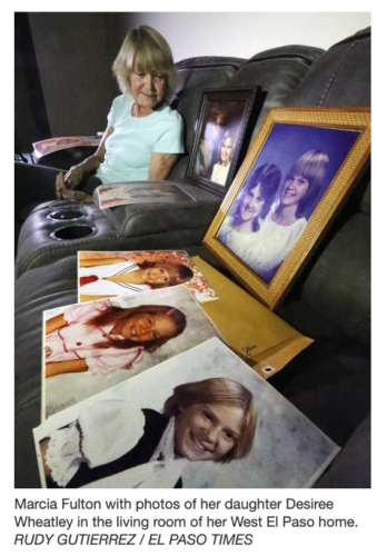 Marica Fulton sitting on a couch with photos of Desiree Wheatley