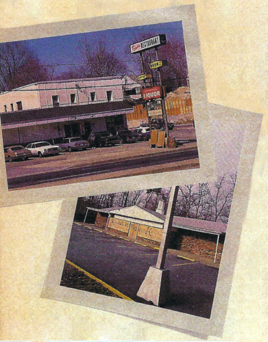 scan of two pictures on top of each other; the pictures are of decrepit strip mall