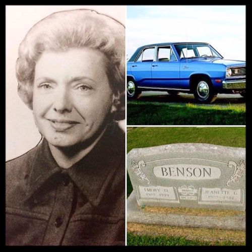 collage of three photos, Sarah Jeanette Benson, suspect vehicle, and her grave