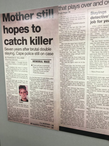 Newspaper headlines about the murders of Robin Cornell and Lisa Story